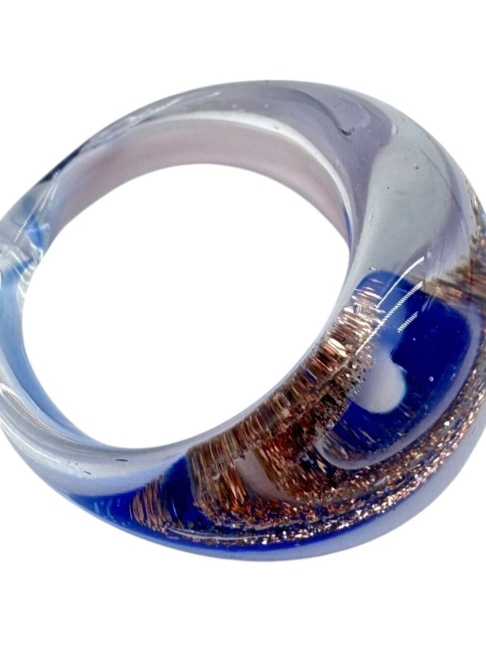 OOAK Handmade Art Glass Statement Ring SZ 8.5 With Swirled Blue & Copper Accent